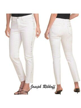 🆕️ Joseph Ribkoff White Slim fit Distressed Metallic Tuxedo Stripe Jeans